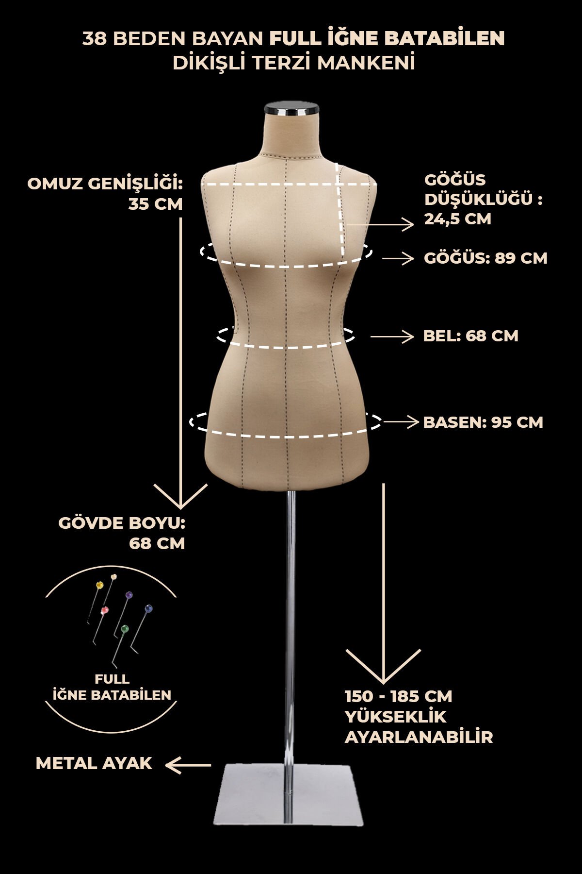 Yüksek Kalite Özel Punto Dikişli Full İğne Batabilen Terzi Mankeni 38 beden