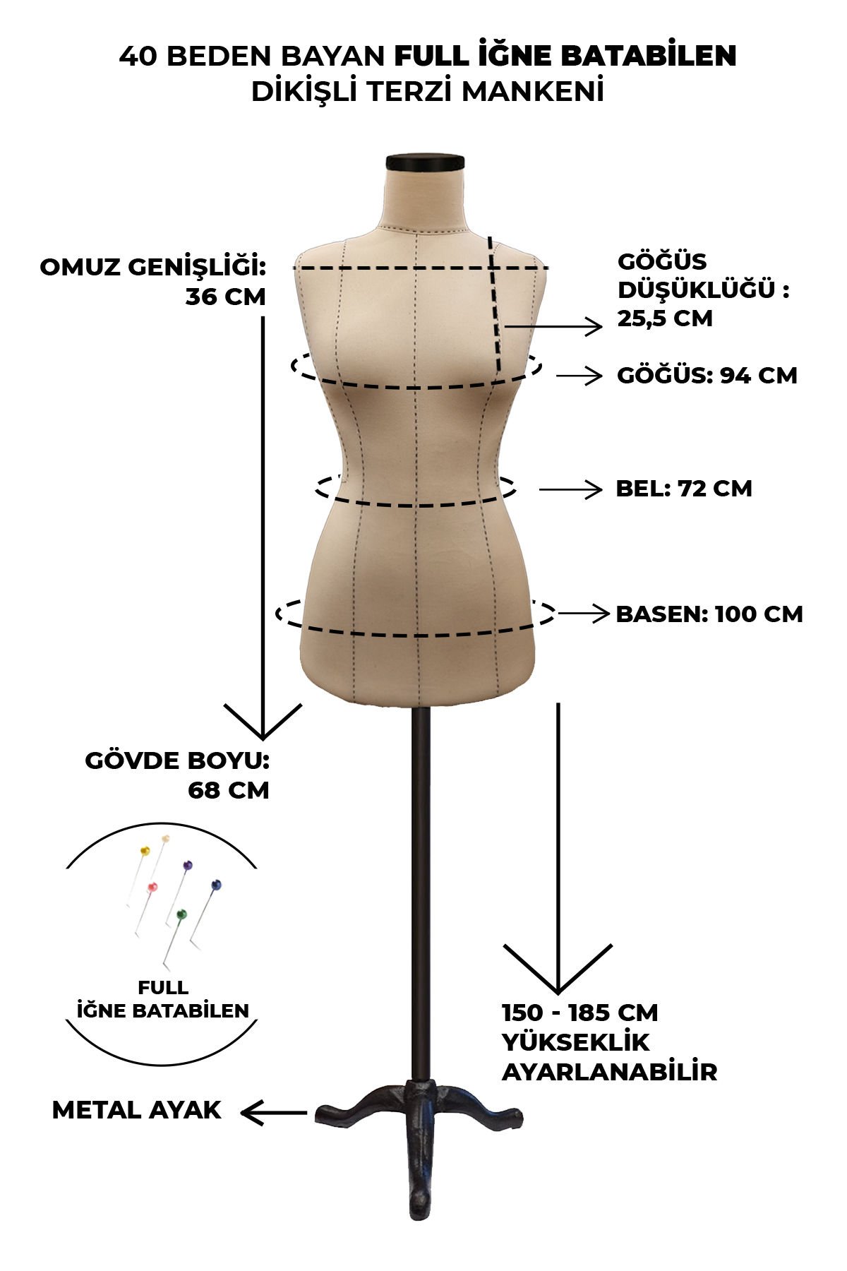 Yüksek Kalite Özel Punto Dikişli Full İğne Batabilen Terzi Mankeni 40 beden