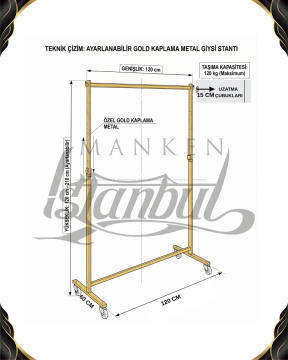 Gold Kaplama Yüksekli Ayarlı Tekerlekli Abiye Gelinlik Standı