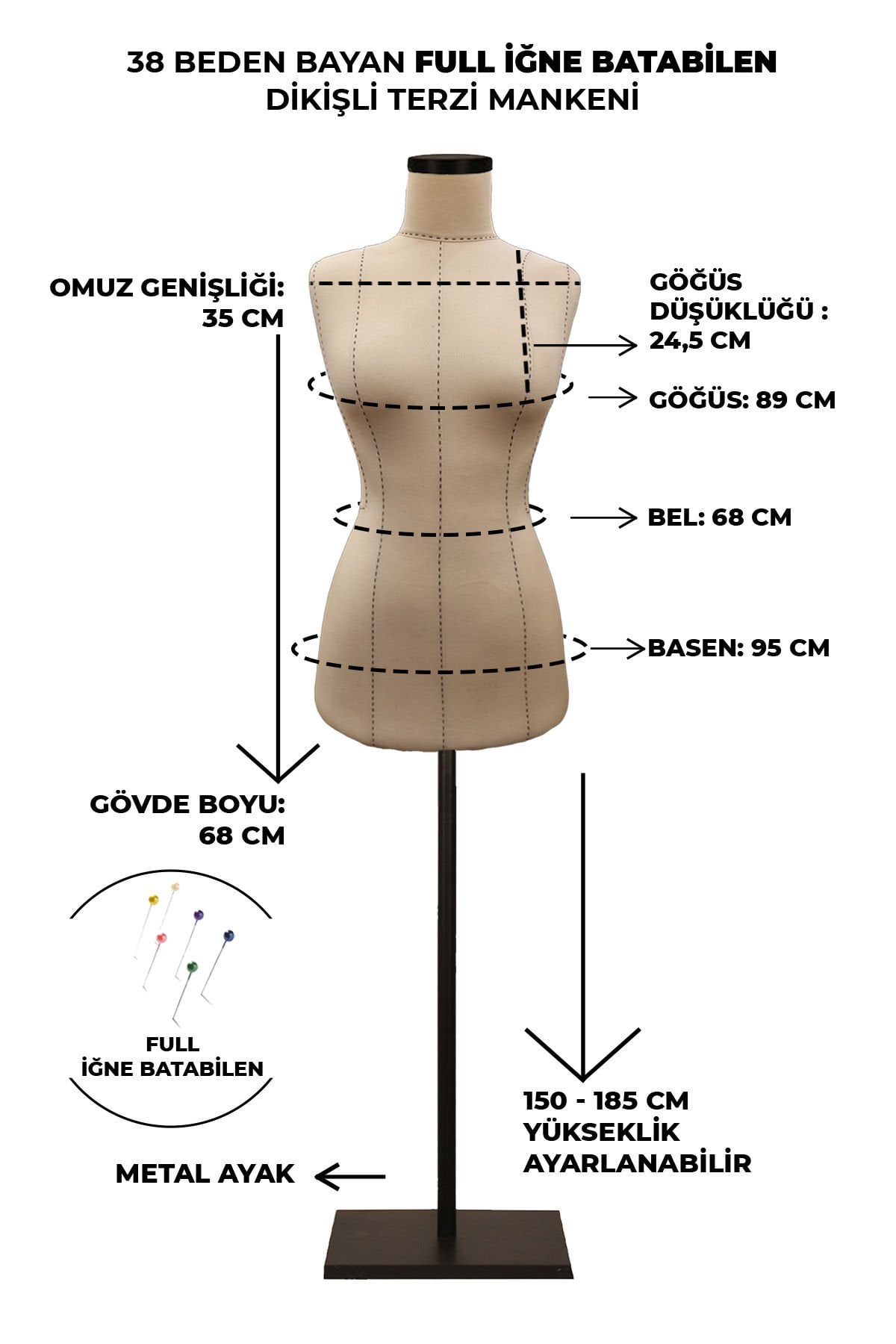 Yüksek Kalite Özel Punto Dikişli Full İğne Batabilen Terzi Mankeni 38 beden