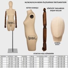 Keten Kumaş Paçalı Ahşap Kollu Terzi Mankeni Vitrin Mankeni