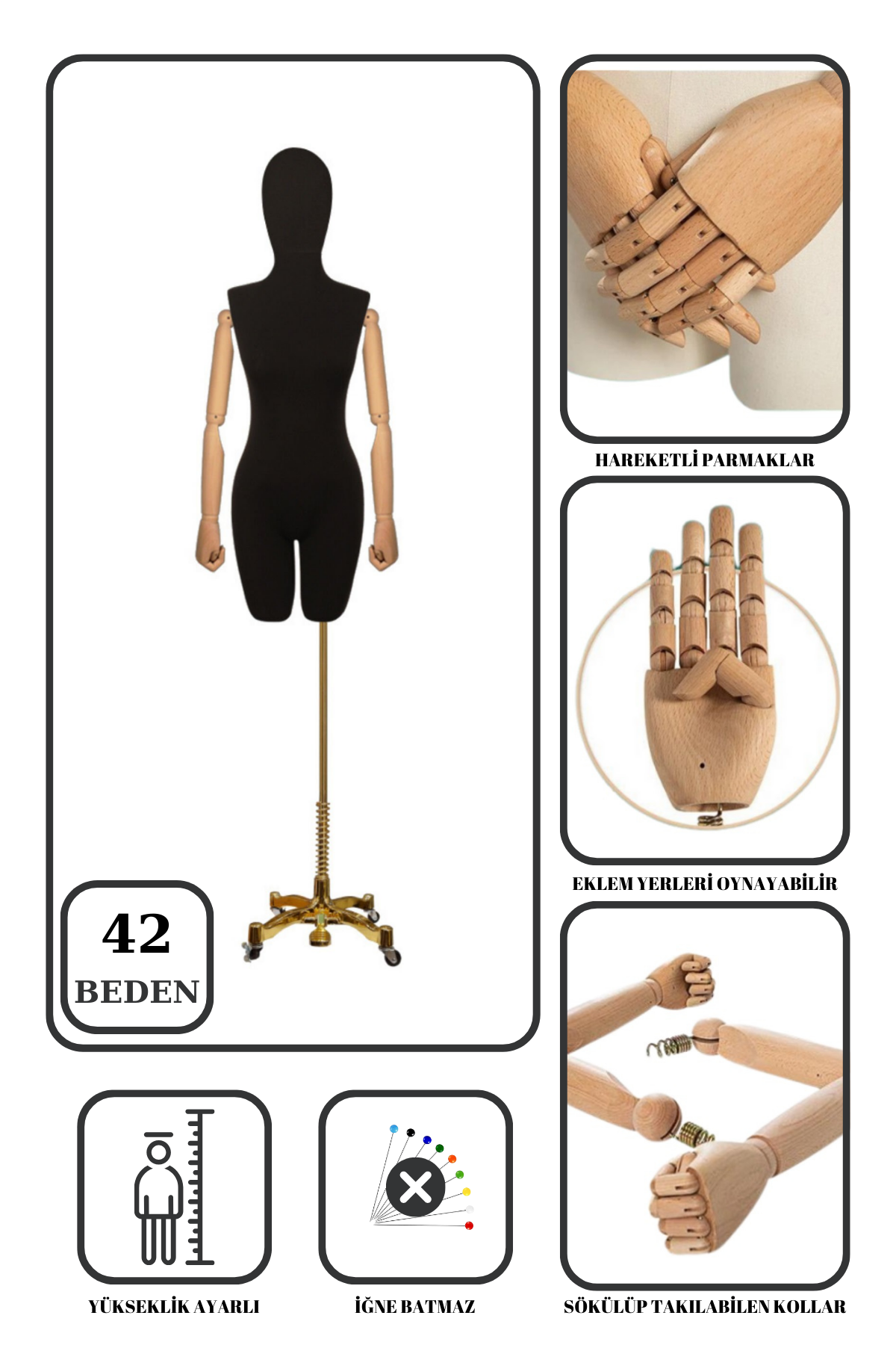 Lüks Gold Ayaklı Pantolon Giyebilen Ahşap Kollu Terzi Mankeni 42 beden