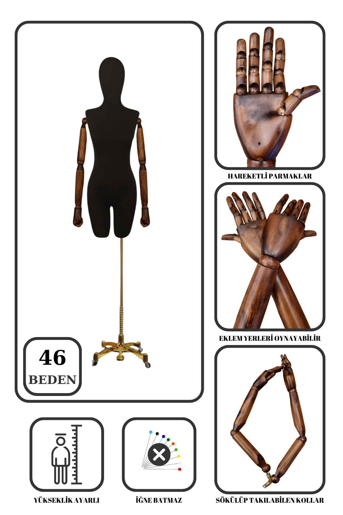 Lüks Gold Ayaklı Pantolon Giyebilen Ahşap Kollu Terzi Mankeni 46 beden
