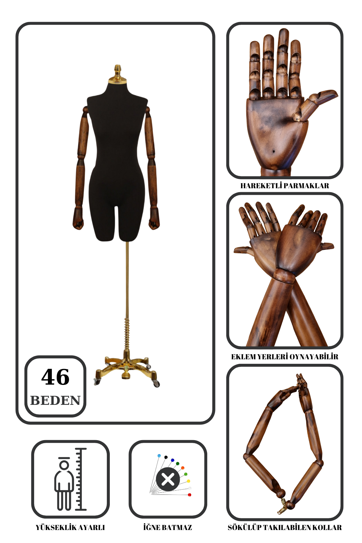 Lüks Gold Ayaklı Pantolon Giyebilen Ahşap Kollu Terzi Mankeni 46 beden