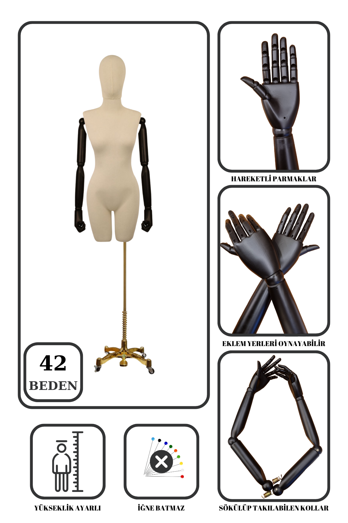 Lüks Gold Ayaklı Pantolon Giyebilen Ahşap Kollu Terzi Mankeni 42 beden