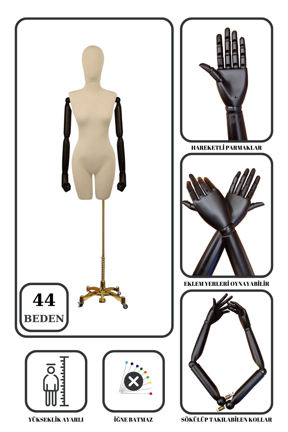 Lüks Gold Ayaklı Pantolon Giyebilen Ahşap Kollu Terzi Mankeni 44 beden