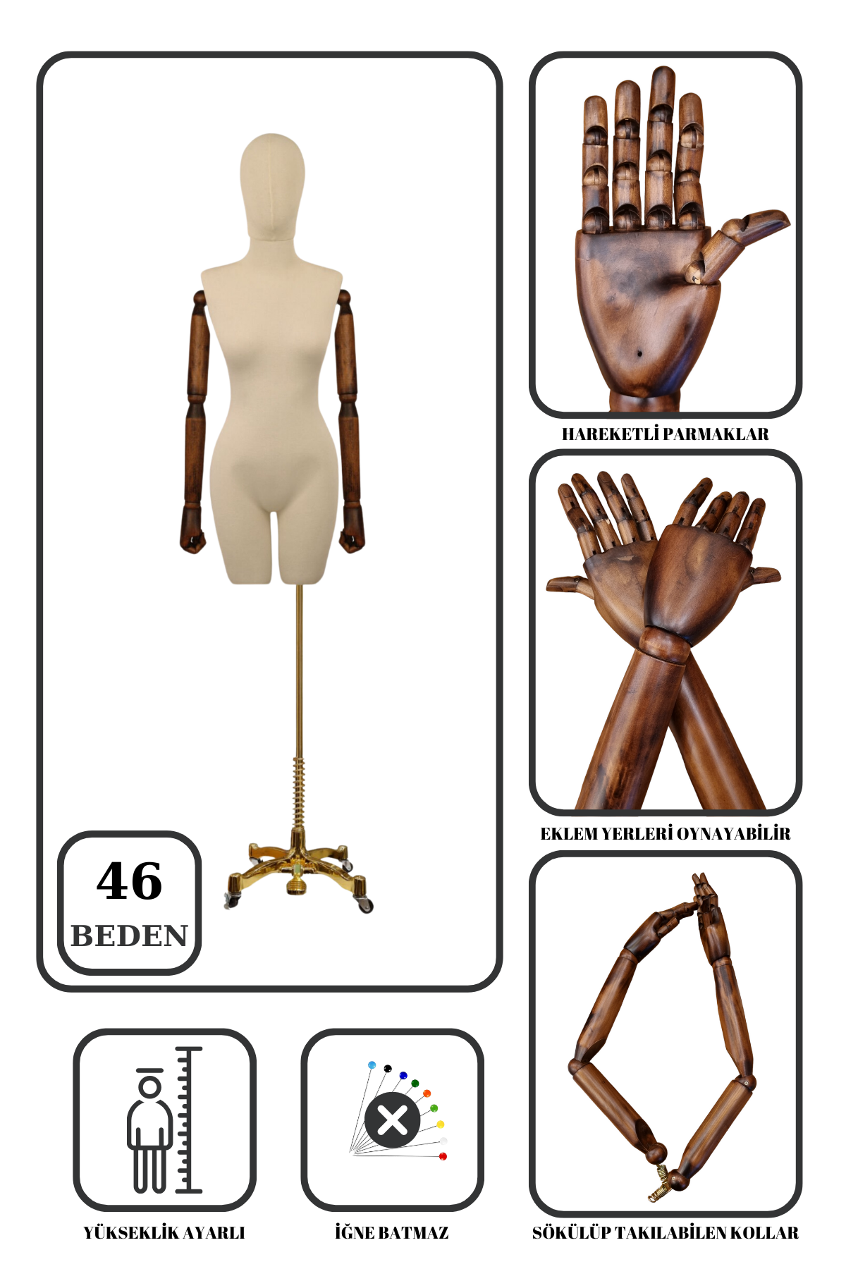 Lüks Gold Ayaklı Pantolon Giyebilen Ahşap Kollu Terzi Mankeni 46 beden