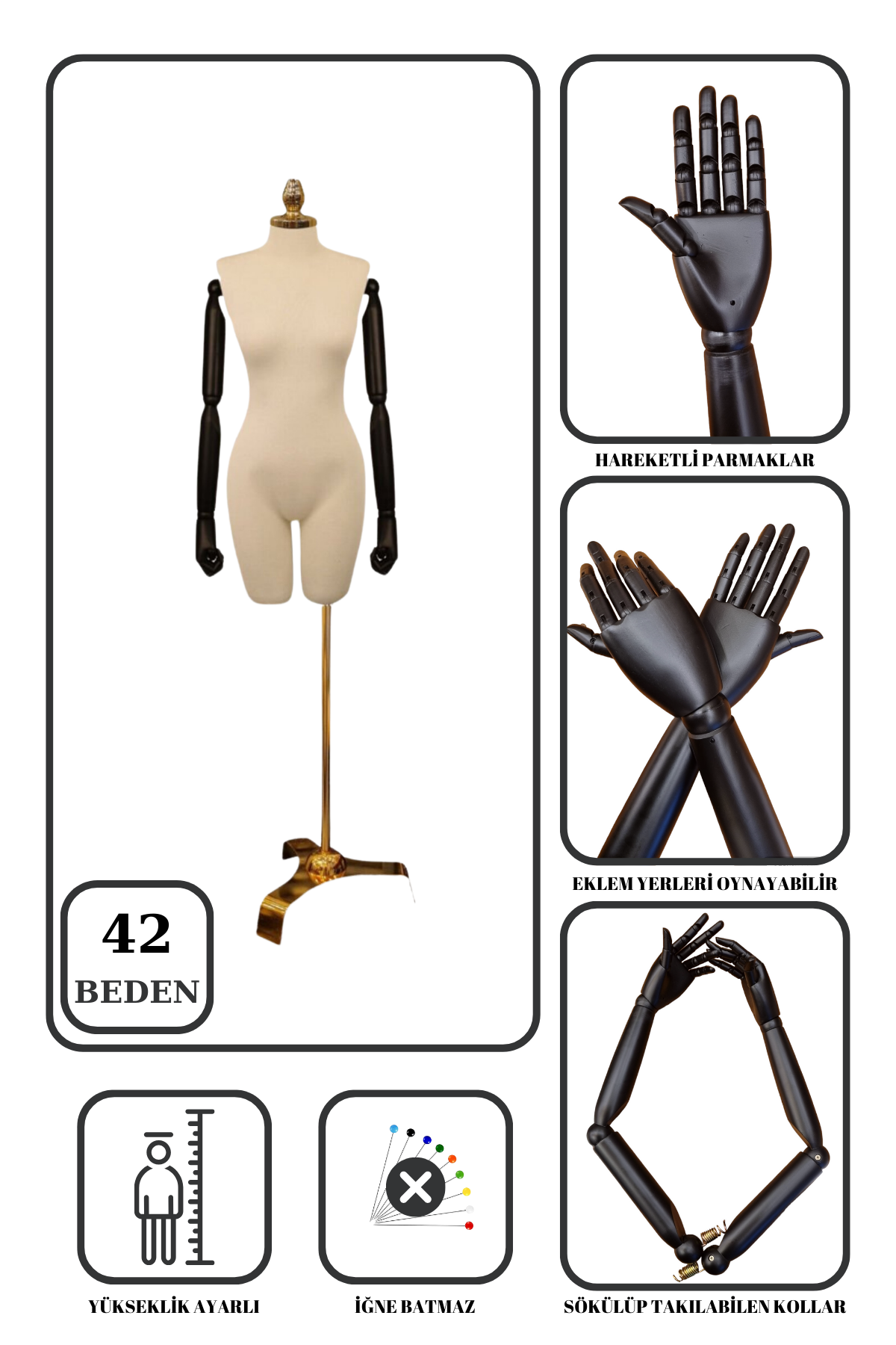 Lüks Gold Ayaklı Pantolon Giyebilen Ahşap Kollu Terzi Mankeni 42 beden