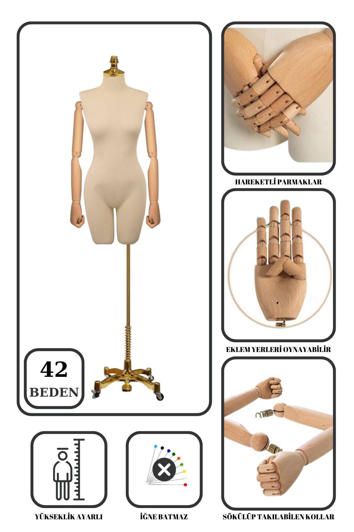 Lüks Gold Ayaklı Pantolon Giyebilen Ahşap Kollu Terzi Mankeni 42 beden