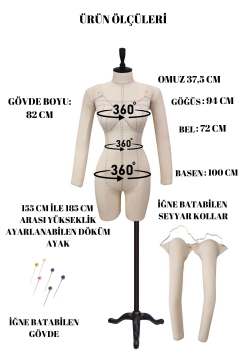 Seyyar Kollu 38/40 Beden Profesyonel Süngerli Terzi Mankeni 40 beden