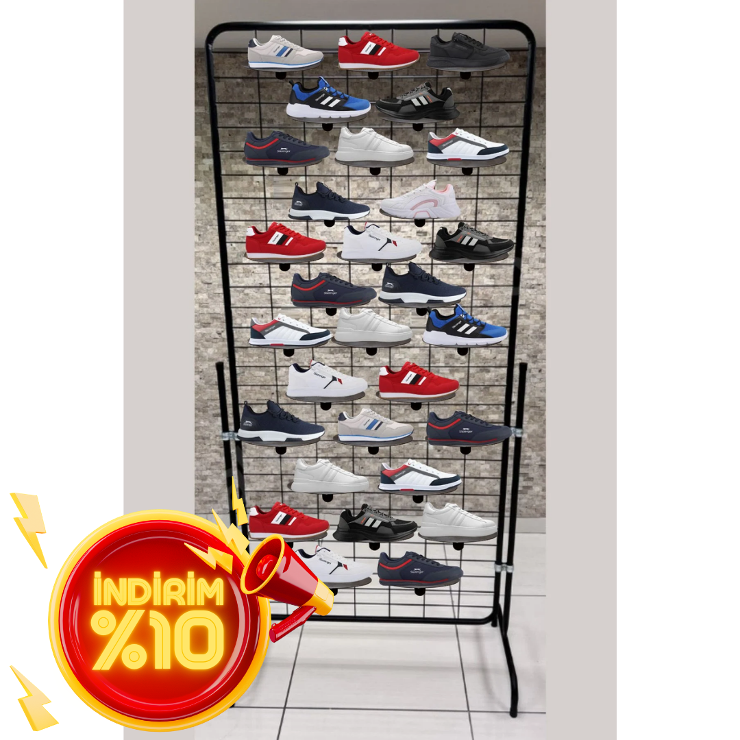 Siyah Tel Pano Ayakkabı Standı 90x190 Cm 30 Raflı Teşhir Standı