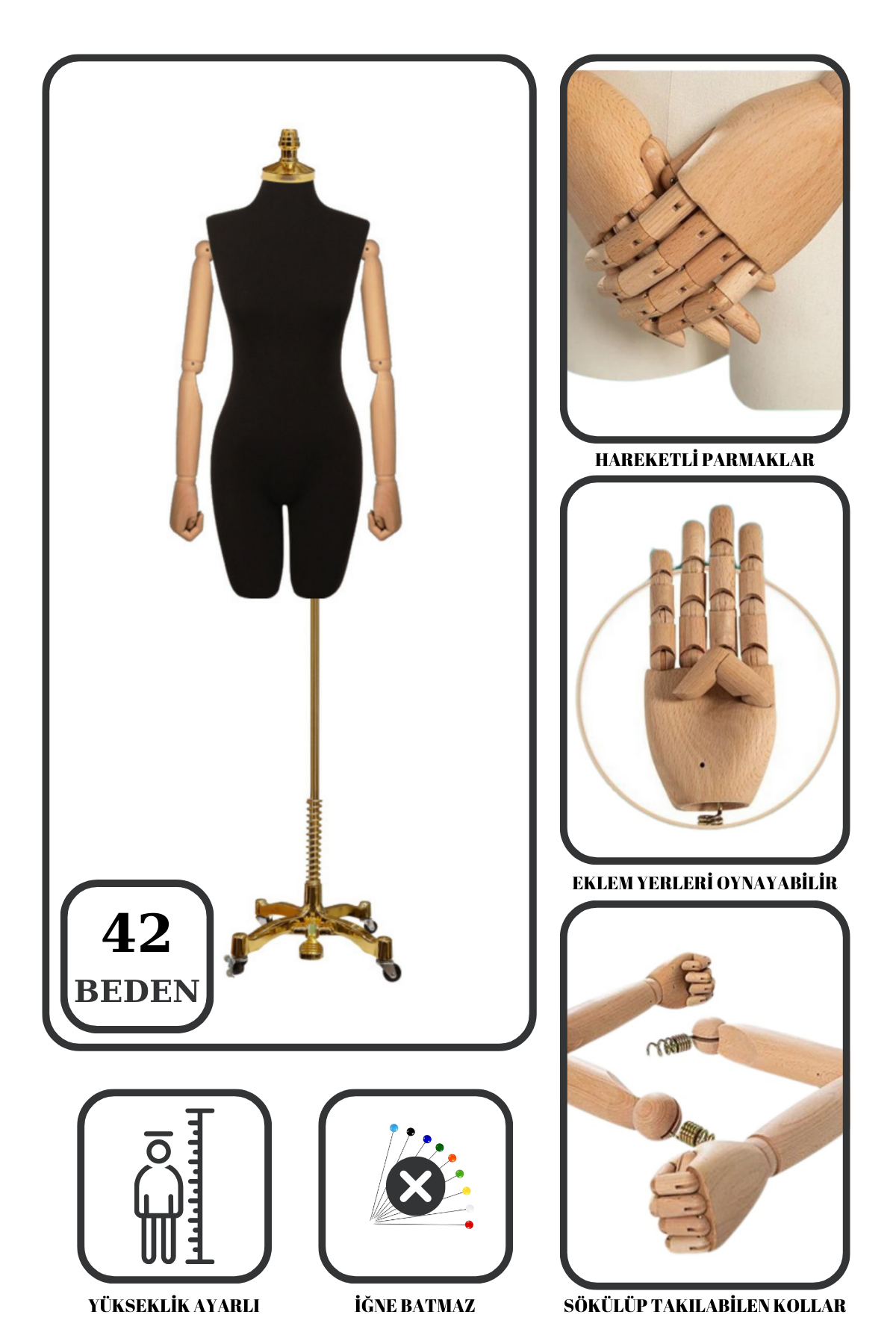 Lüks Gold Ayaklı Pantolon Giyebilen Ahşap Kollu Terzi Mankeni 42 beden