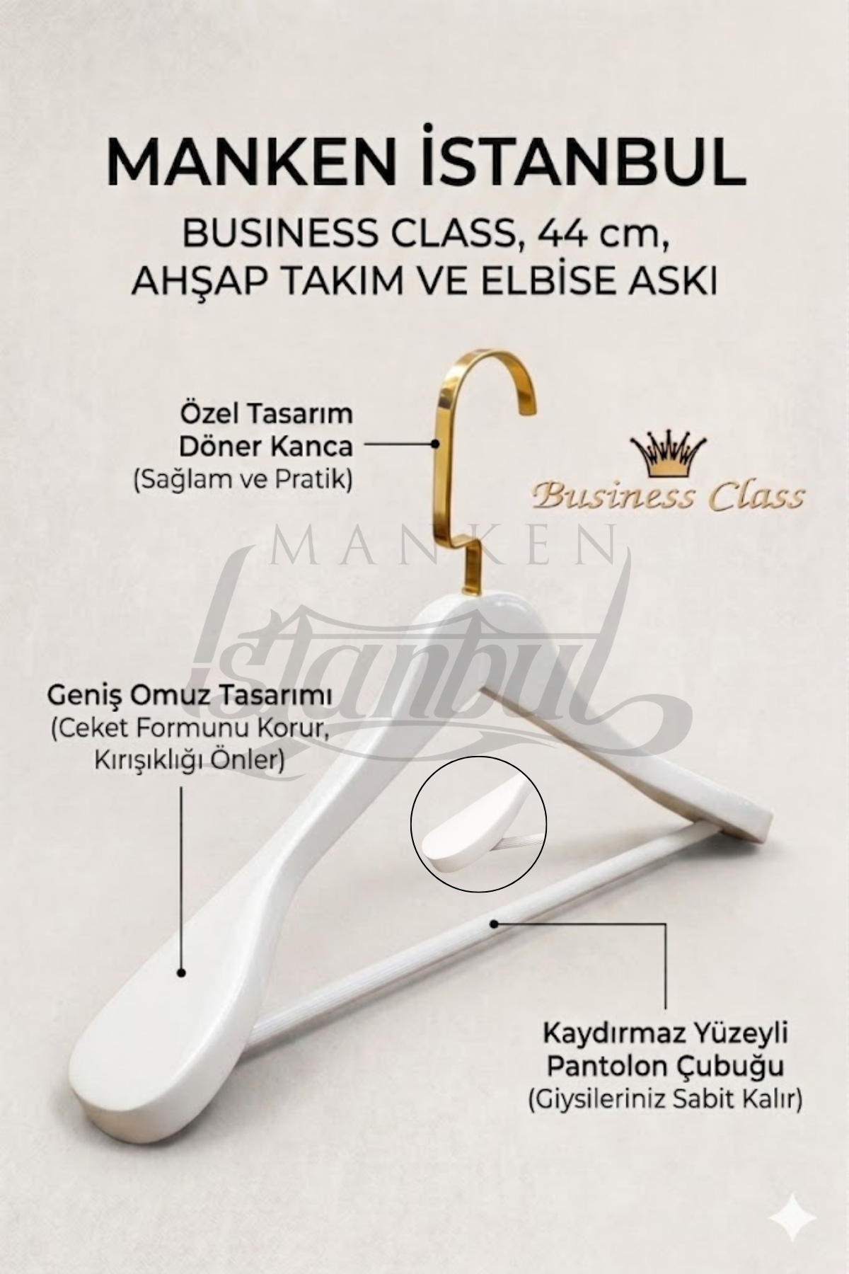 Business Class 10 Adet 44 Cm Beyaz Ahşap Takım Elbise Ceket askısı