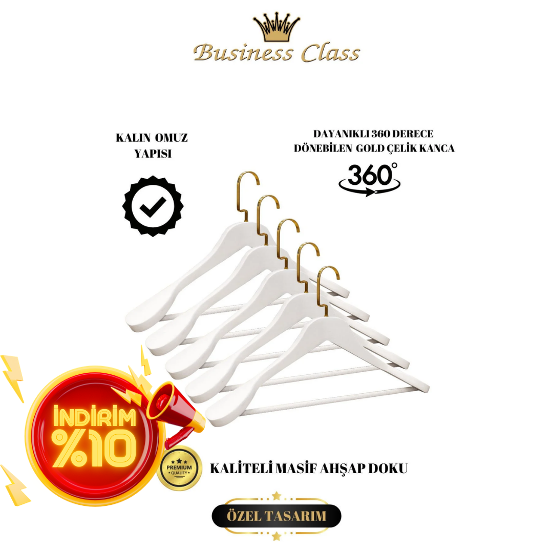 Business Class 5 Adet 44 Cm Beyaz Ahşap Takım Elbise Ceket askısı