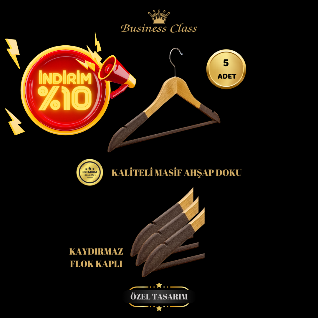 Business Class 5 Adet 44 Cm Kadife Ahşap Takım Elbise Ceket askısı