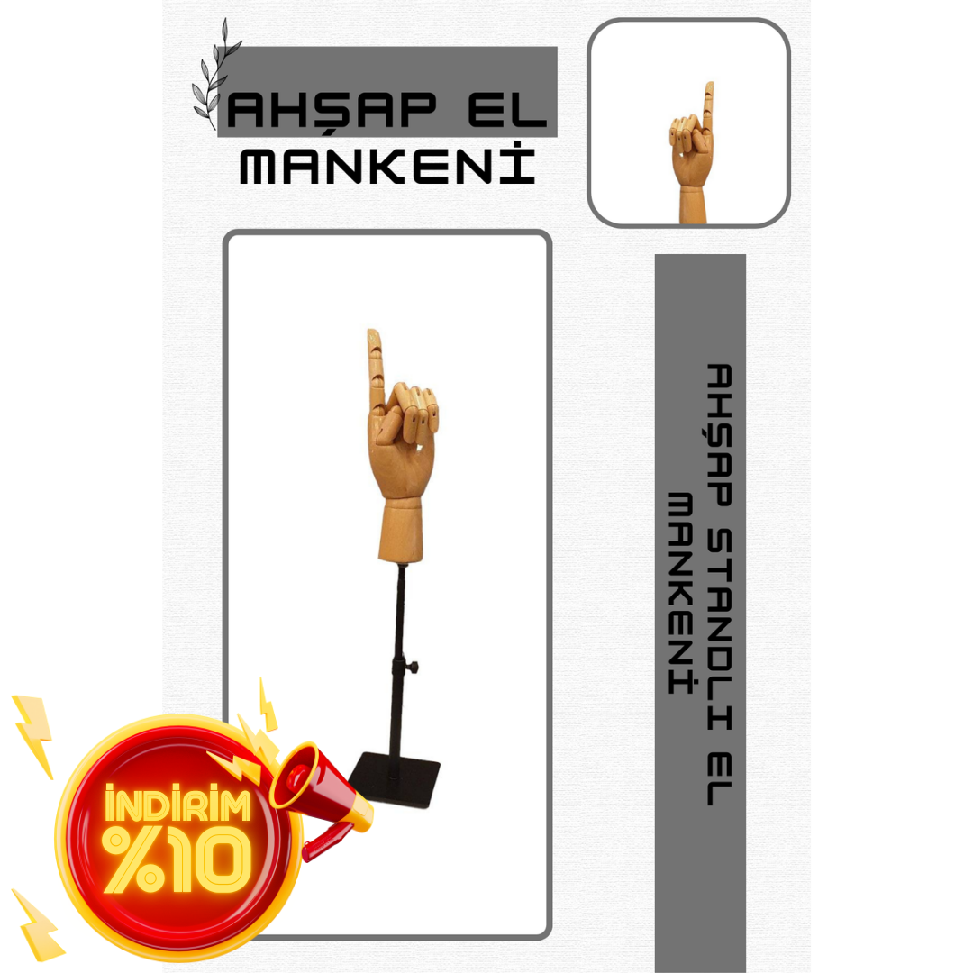 Siyah Yükseklik Ayarlı Eskiz Ahşap Model El Mankeni
