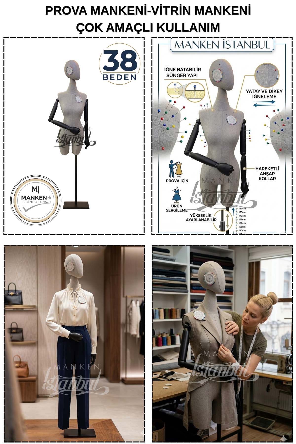 38 Beden Pantolon Giyebilen Ahşap Kollu Terzi Mankeni Vitrin Mankeni