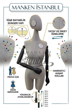 38 Beden Pantolon Giyebilen Ahşap Kollu Terzi Mankeni Vitrin Mankeni