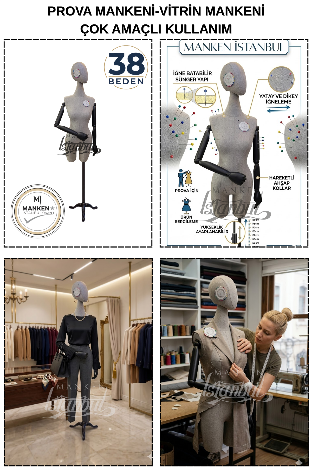 38 Beden Pantolon Giyebilen Ahşap Kollu Terzi Mankeni Vitrin Mankeni