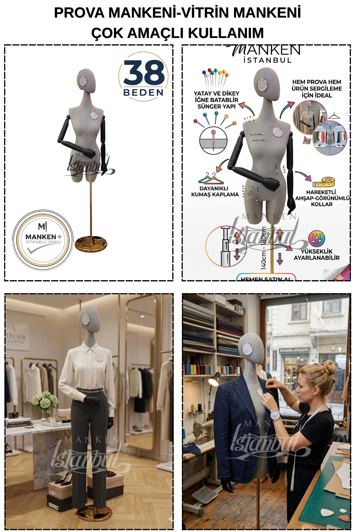 38 Beden Pantolon Giyebilen Ahşap Kollu Terzi Mankeni Vitrin Mankeni