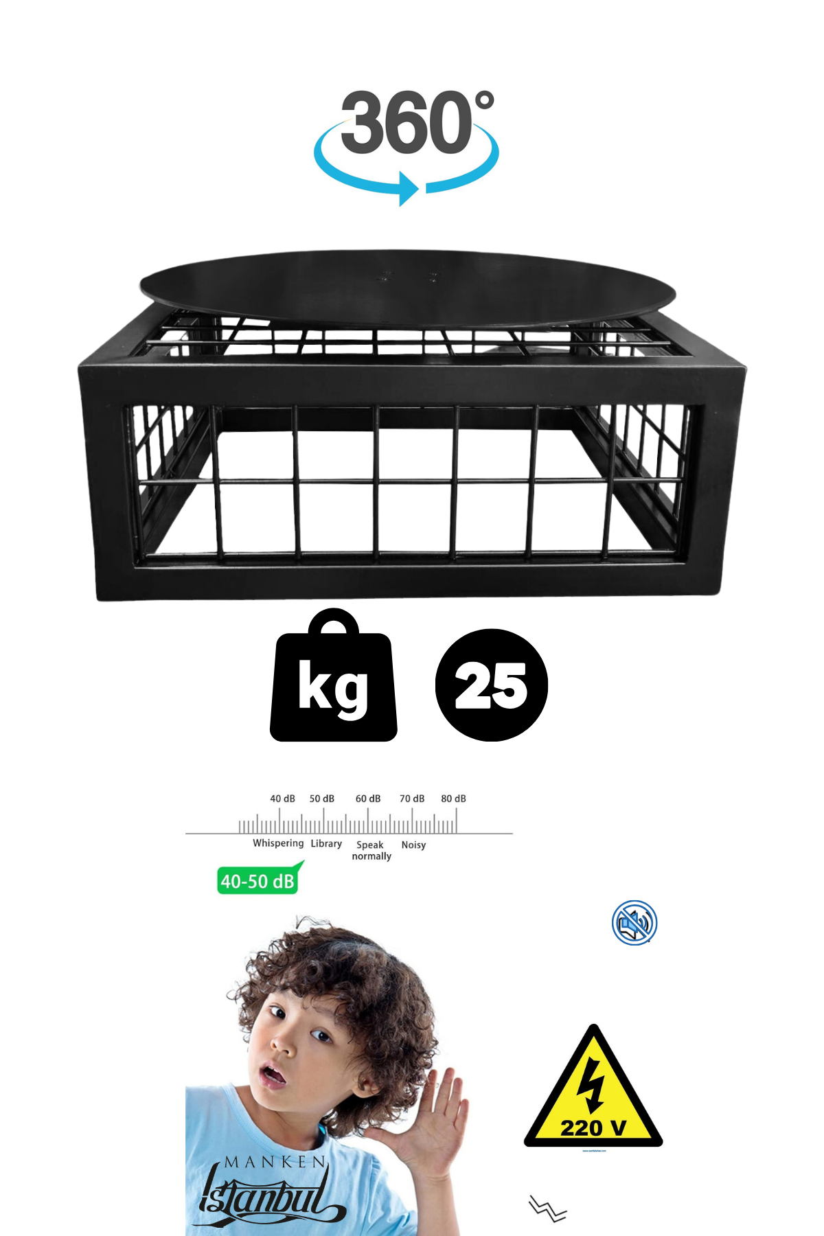 Dekoratif Siyah Elektrikli Döner Platform 25 Kg Taşıma Kapasitesi