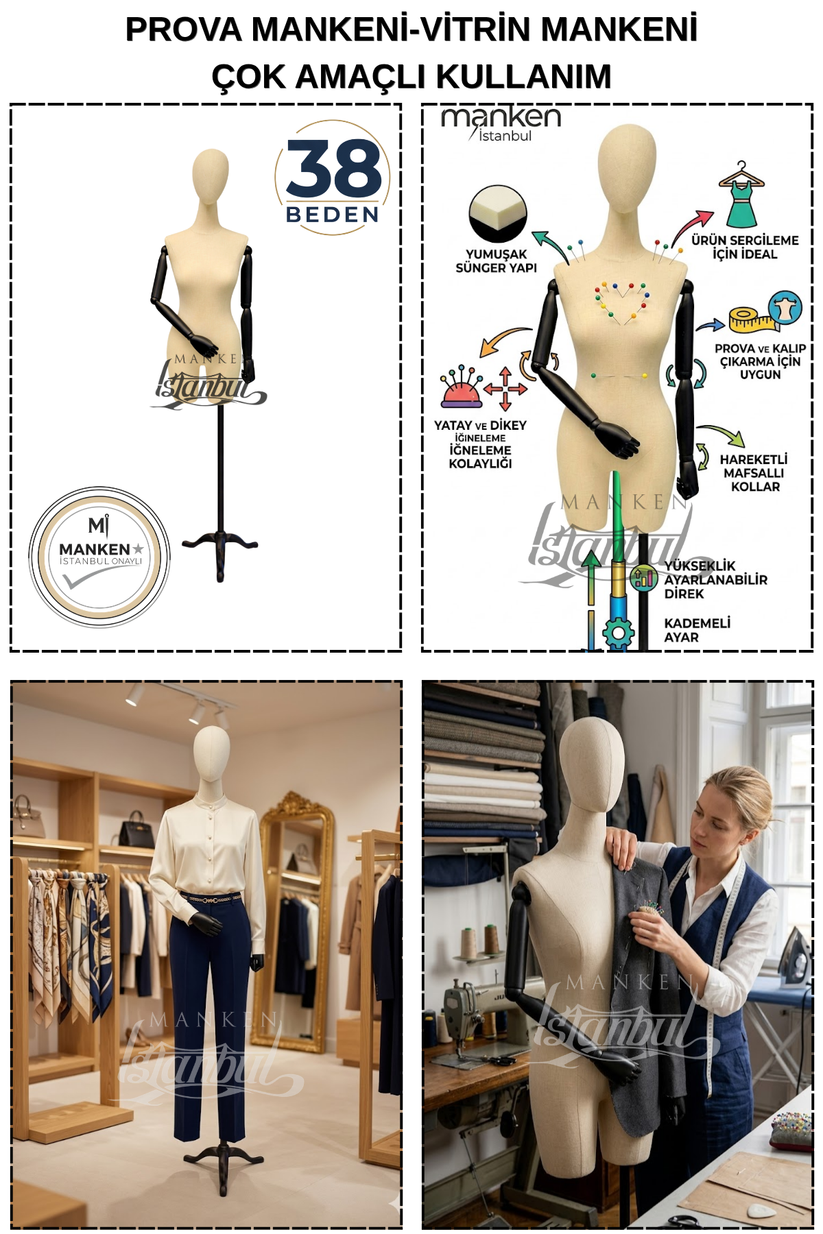 38 Beden Pantolon Giyebilen Ahşap Kollu Terzi Mankeni Vitrin Mankeni