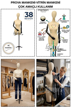 38 Beden Pantolon Giyebilen Ahşap Kollu Terzi Mankeni Vitrin Mankeni