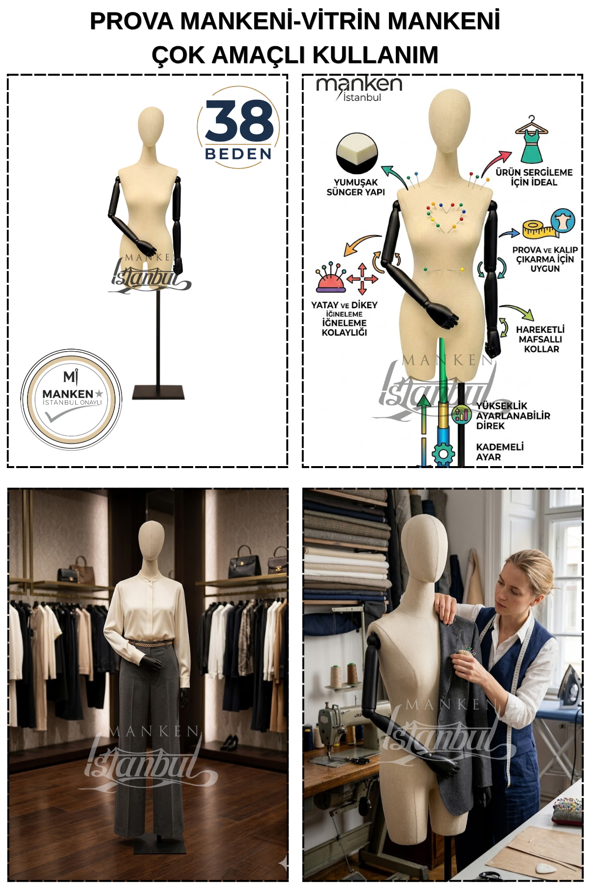 38 Beden Pantolon Giyebilen Ahşap Kollu Terzi Mankeni Vitrin Mankeni