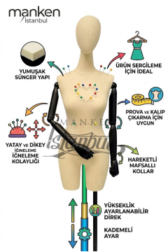 38 Beden Pantolon Giyebilen Ahşap Kollu Terzi Mankeni Vitrin Mankeni