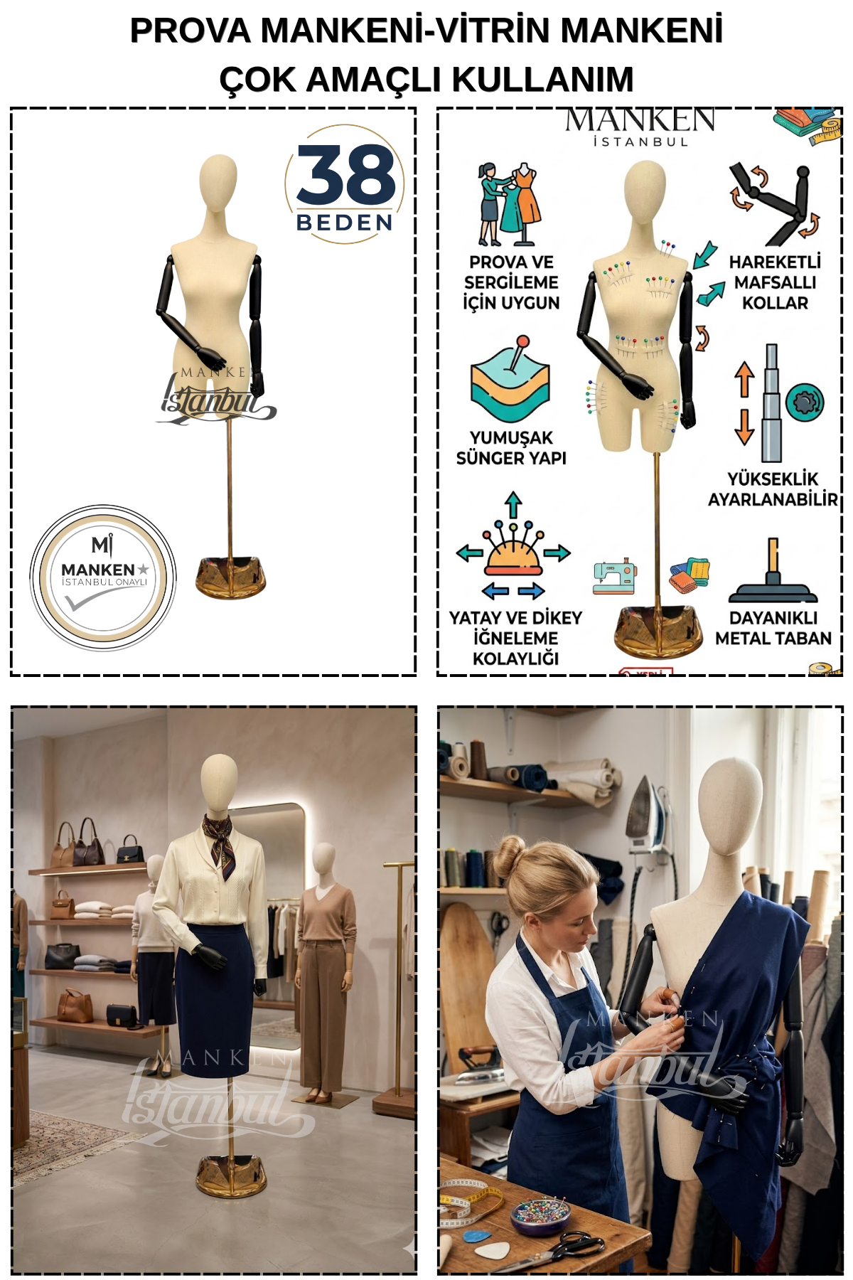 38 Beden Pantolon Giyebilen Ahşap Kollu Terzi Mankeni Vitrin Mankeni