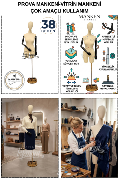 38 Beden Pantolon Giyebilen Ahşap Kollu Terzi Mankeni Vitrin Mankeni