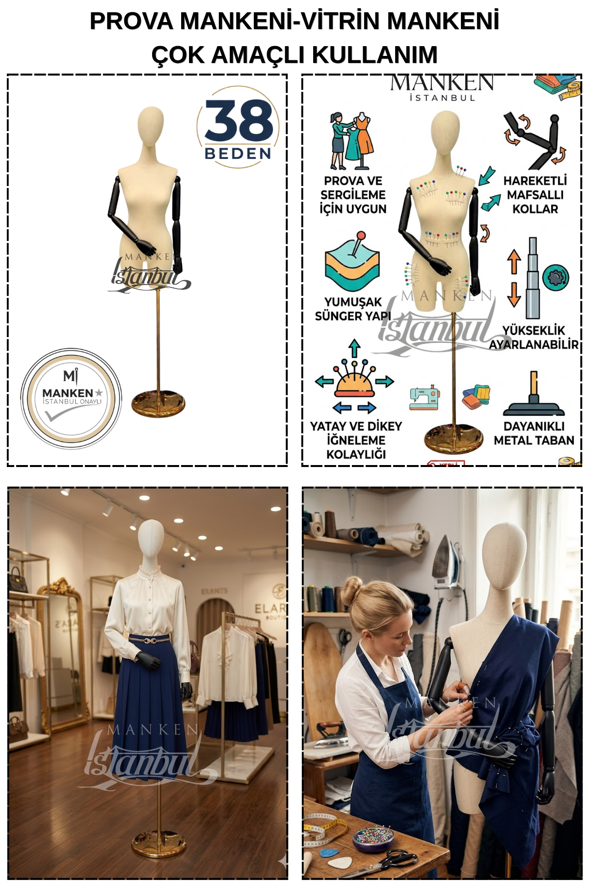 38 Beden Pantolon Giyebilen Ahşap Kollu Terzi Mankeni Vitrin Mankeni