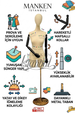 38 Beden Pantolon Giyebilen Ahşap Kollu Terzi Mankeni Vitrin Mankeni