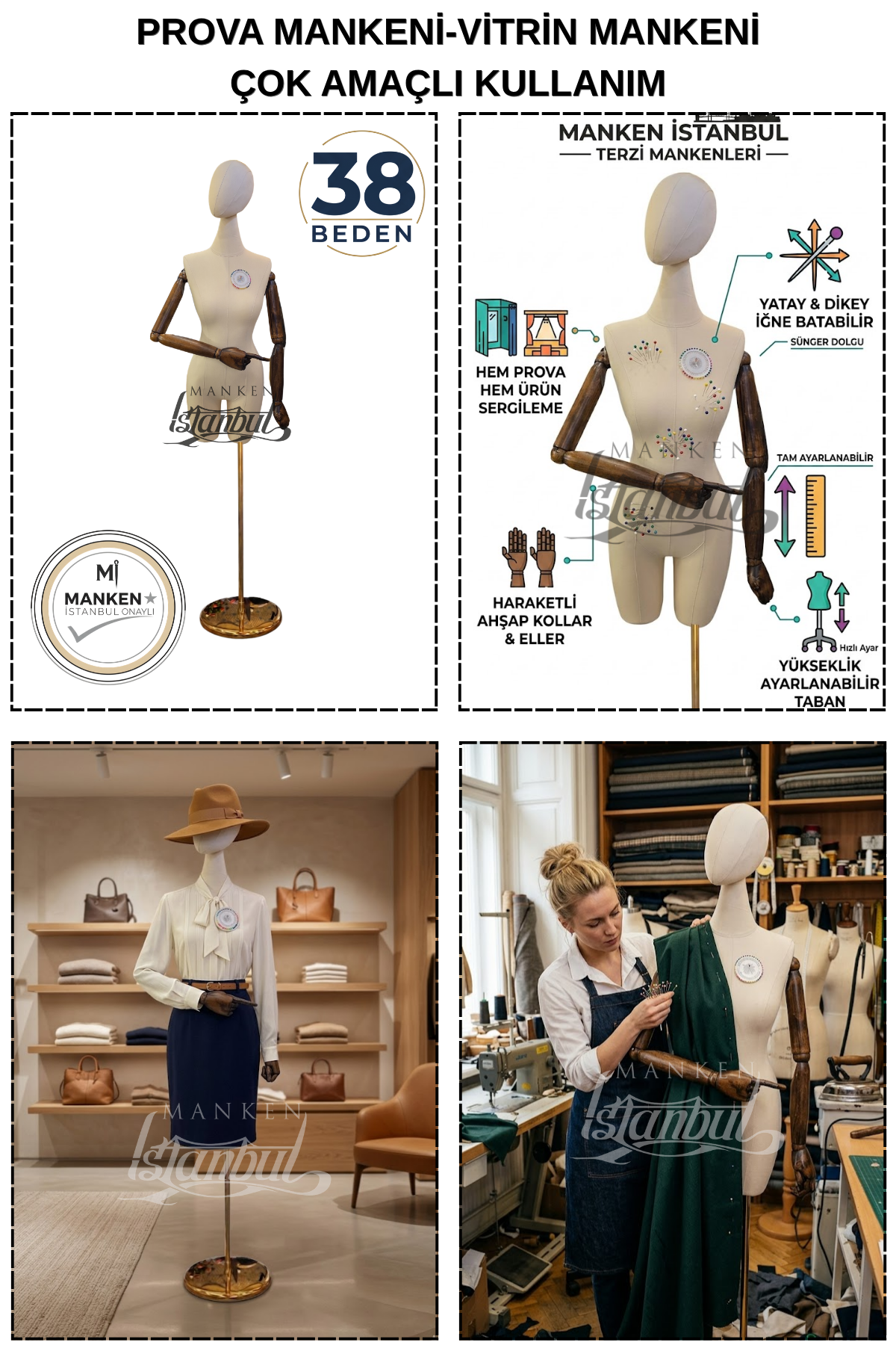 38 Beden Pantolon Giyebilen Ahşap Kollu Terzi Mankeni Vitrin Mankeni