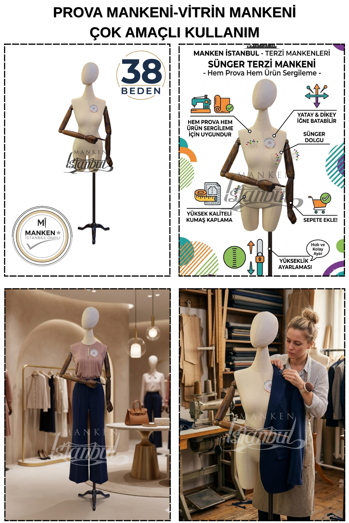 38 Beden Pantolon Giyebilen Ahşap Kollu Terzi Mankeni Vitrin Mankeni