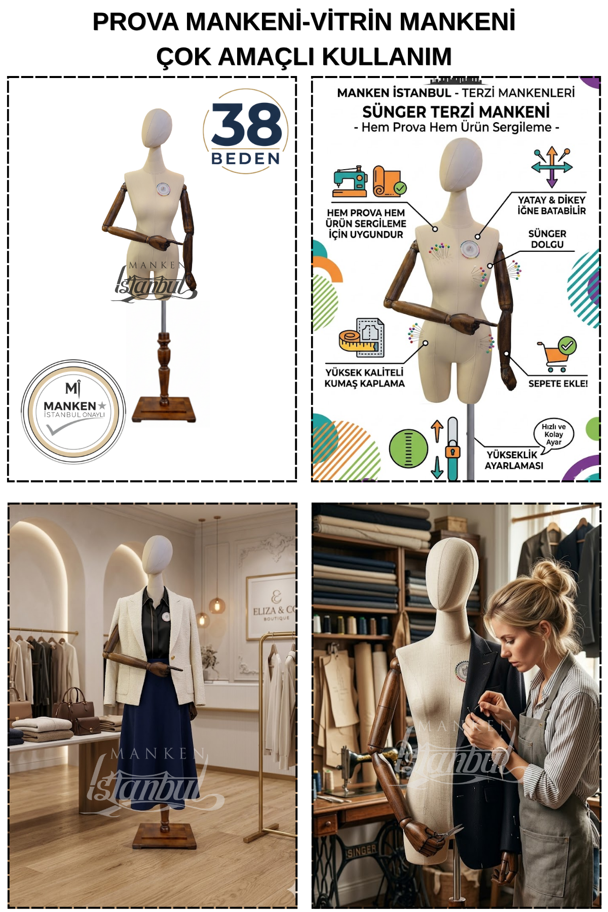 38 Beden Pantolon Giyebilen Ahşap Kollu Terzi Mankeni Vitrin Mankeni