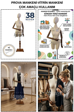 38 Beden Pantolon Giyebilen Ahşap Kollu Terzi Mankeni Vitrin Mankeni