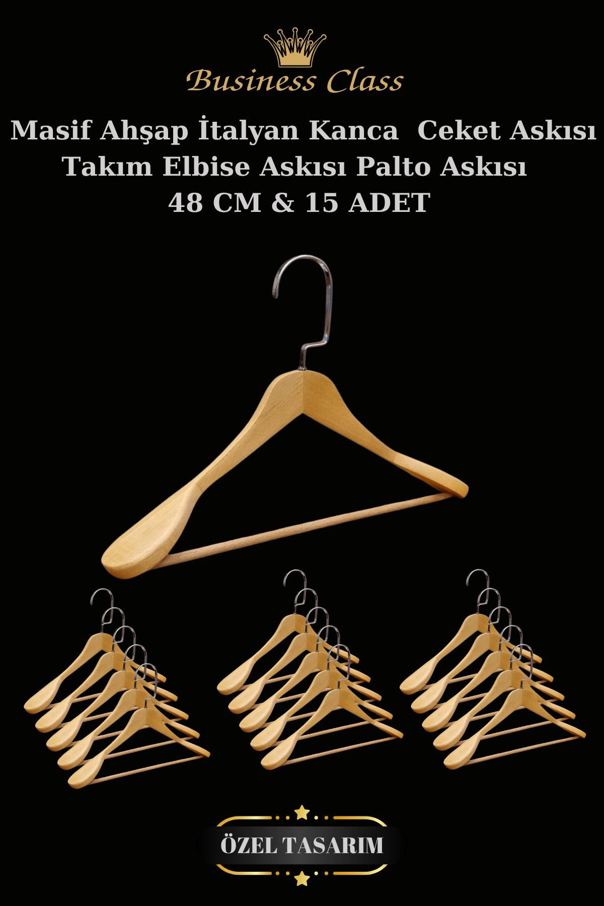 Business Class 5 Adet 48 Cm Ahşap Takım Elbise Ceket askısı 15 ADET