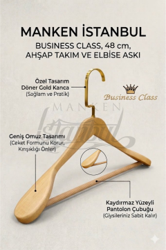 Business Class 5 Adet 48 Cm Masif Ahşap  İtalyan Kanca Takım Elbise Palto Ceket askısı