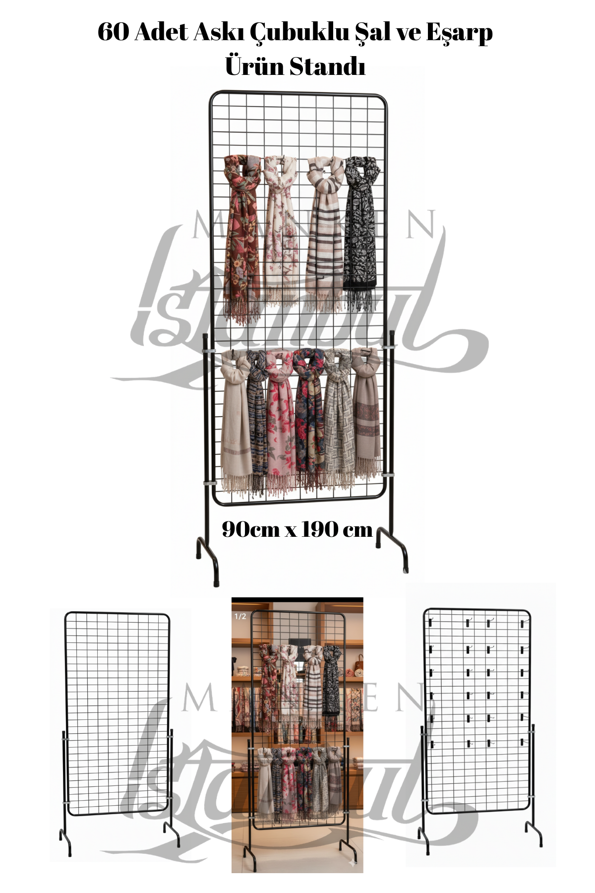 60 Adet Askı Çubuklu Şal ve Eşarp Ürün Standı - 90x190