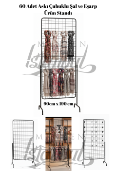 60 Adet Askı Çubuklu Şal ve Eşarp Ürün Standı - 90 x 190 Cm Tel Pano Standı