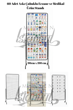 60 Adet Askı Çubuklu Eczane ve Medikal Ürün Standı - 90 x 190 Cm Tel Pano Standı