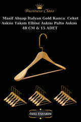 Business Class 5 Adet 48 Cm Masif Ahşap  İtalyan Kanca Takım Elbise Palto Ceket askısı 15 ADET