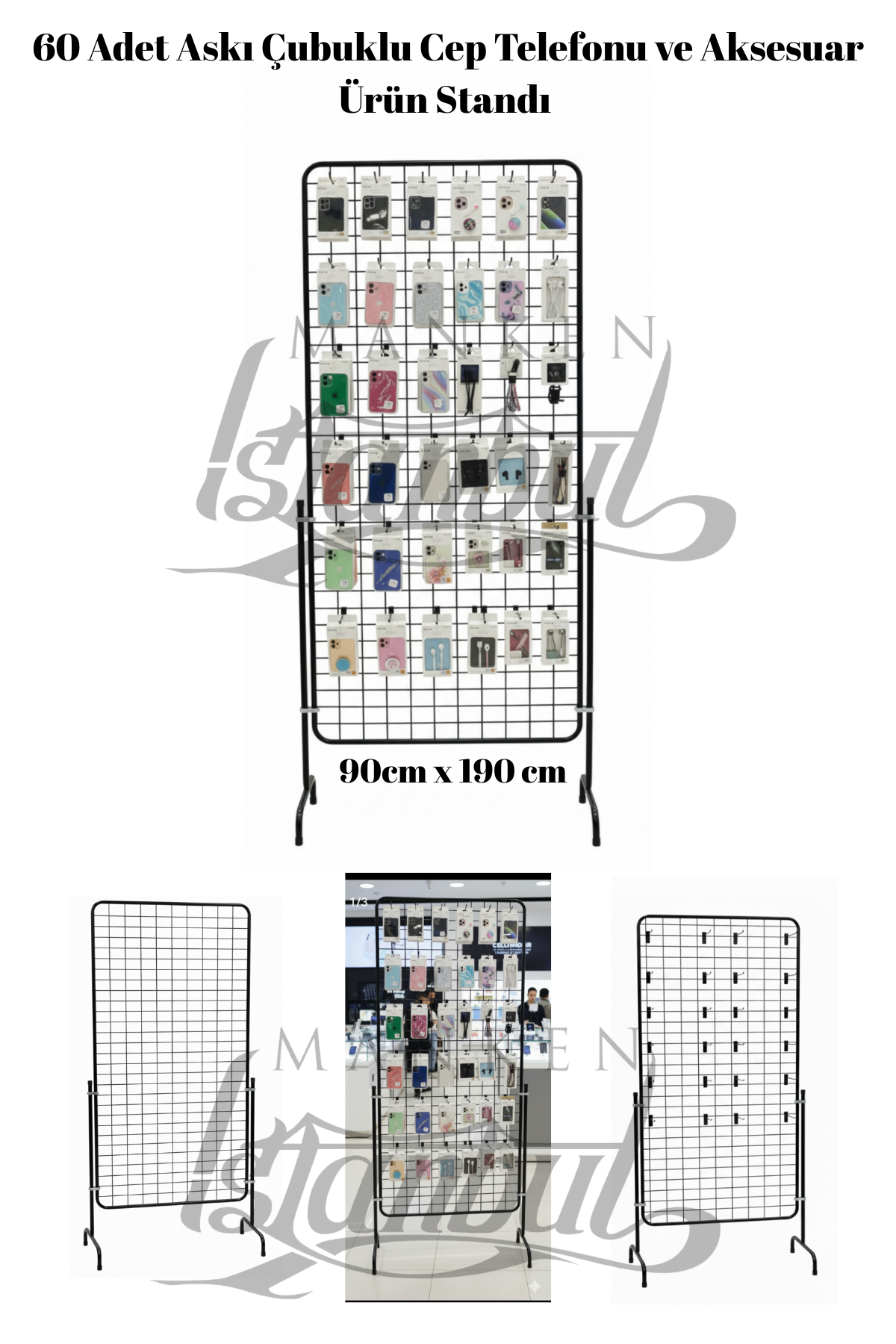 60 Adet Askı Çubuklu Cep Telefonu Ürün Standı - 90 x 190 Cm Tel Pano Standı