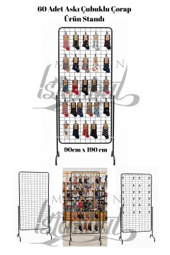 60 Adet Askı Çubuklu Çorap Ürün Standı - 90 x 190 Cm Tel Pano Standı