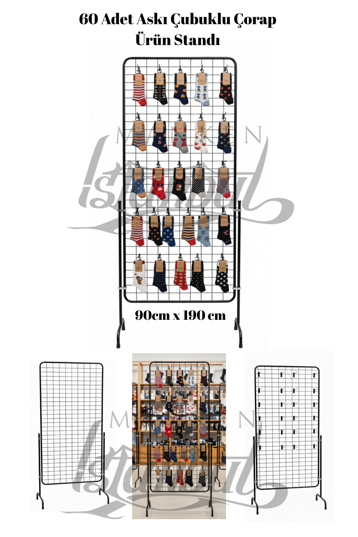 60 Adet Askı Çubuklu Kırtasiye Ürün Standı - 90 x 190 Cm Tel Pano Standı