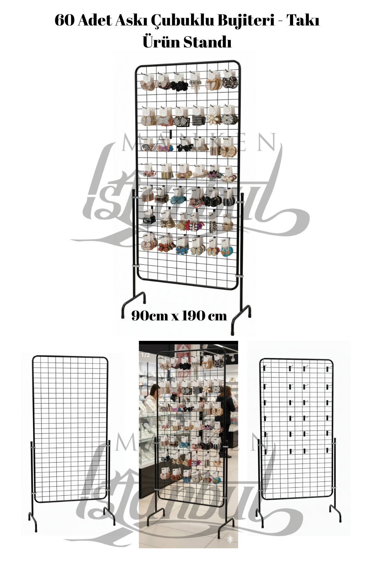 60 Adet Askı Çubuklu Bijuteri Ürün Standı - 90 x 190 Cm Tel Pano Standı