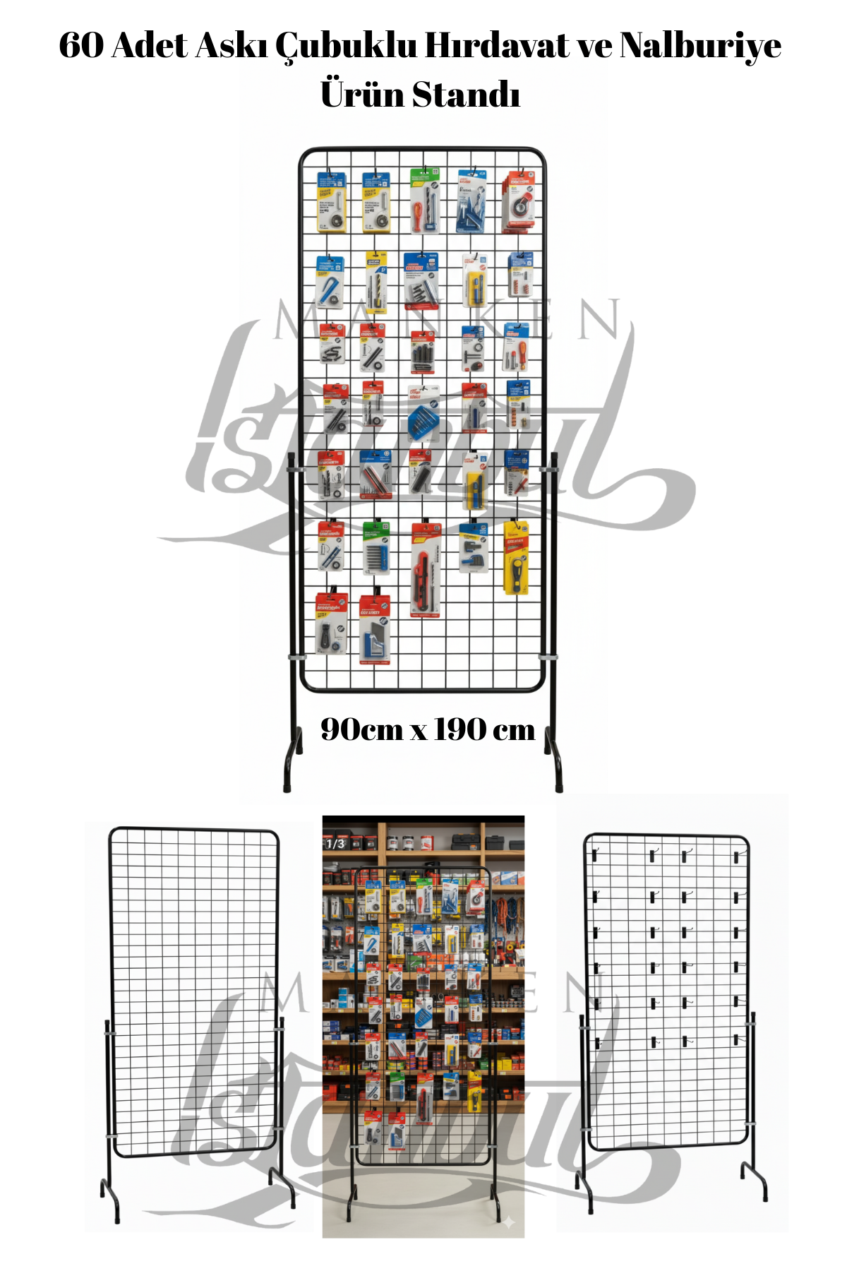 60 Adet Askı Çubuklu Hırdavat Ürün Standı - 90 x 190 Cm Tel Pano Standı