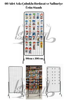 60 Adet Askı Çubuklu Hırdavat Ürün Standı - 90 x 190 Cm Tel Pano Standı