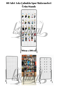 60 Adet Askı Çubuklu Spor Malzemeleri Ürün Standı - 90 x 190 Cm Tel Pano Standı